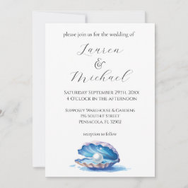 Convite Casamento de Ostras de Praia Blue Watercolor