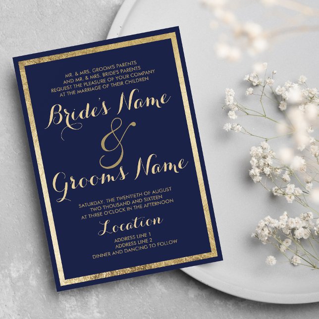 Convite Casamento de ouro azul-azul-Elegante na moda (Zazzle Elegant stylish modern blue faux gold Wedding Invitation )