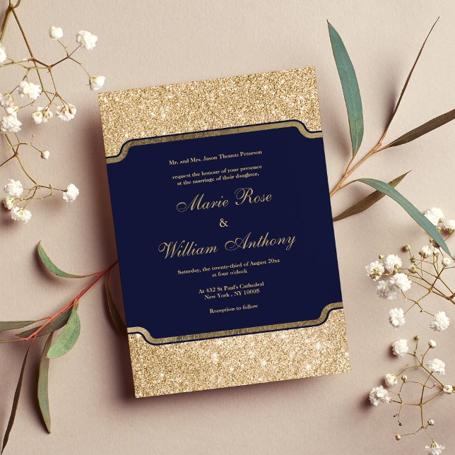 Convite Casamento de ouro azul-marinho moderno (Modern trendy navy blue gold glitter Wedding Invitation)