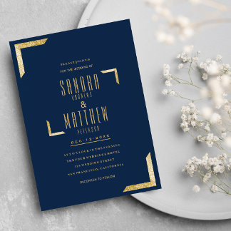 Convite Casamento de ouro brilhante azul-marinho minimalis