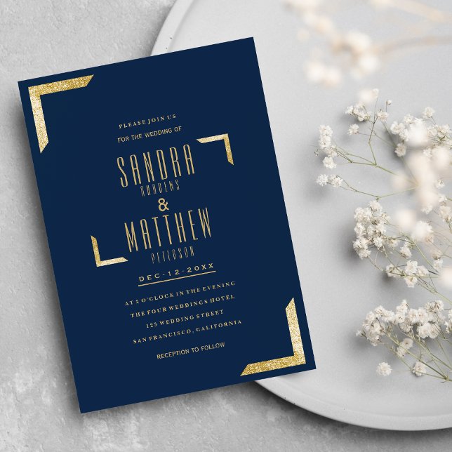 Convite Casamento de ouro brilhante azul-marinho minimalis (Minimalist navy blue glam gold glitter Wedding)