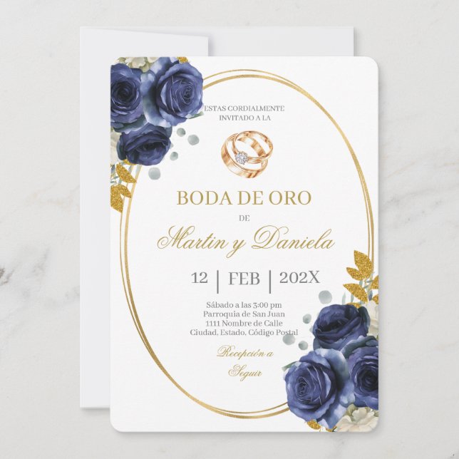 Convite Casamento de ouro com boho azul (Frente)