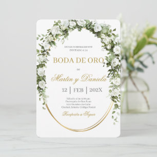 Convite Casamento de ouro com buquê de flores brancas