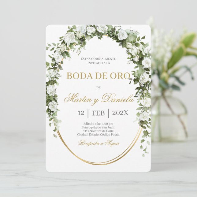 Convite Casamento de ouro com buquê de flores brancas (Em pé/Frente)