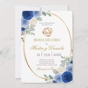 Convite Casamento de ouro com flor azul