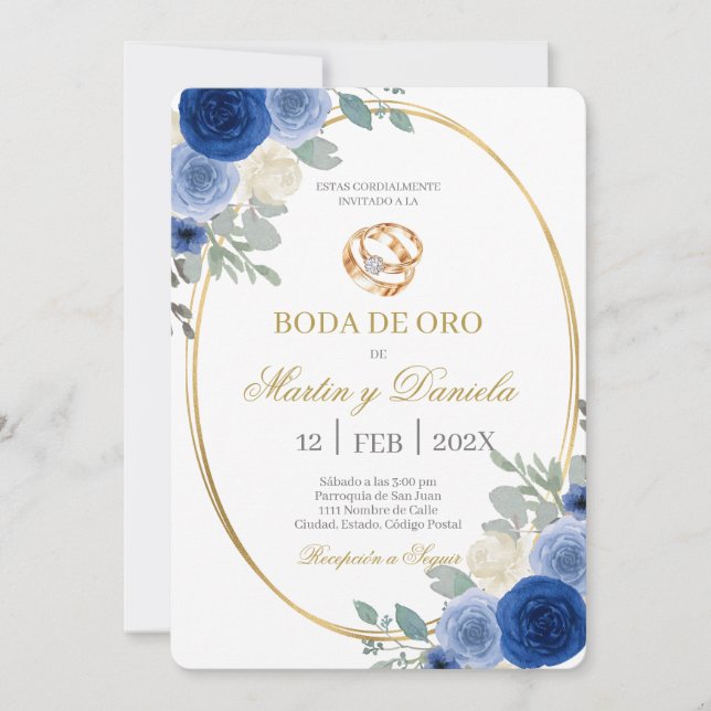 Convite Casamento de ouro com flor azul (Frente)
