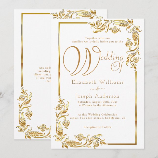 Convite Casamento de Ouro de Frame Floral Dourada para Orç (Frente/Verso)