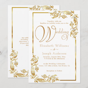 Convite Casamento de Ouro de Frame Floral Dourada para Orç