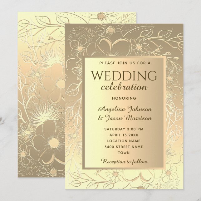 Convite Casamento de Ouro Elegante (Frente/Verso)