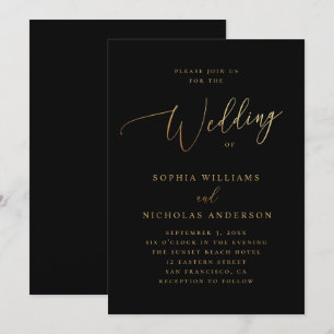 Convite Casamento de ouro elegante e guião clássico pret
