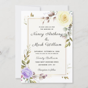 Convite Casamento de Ouro floral azul empoeirado Elegante