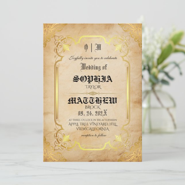 Convite Casamento de Ouro Medieval Personalizável (Em pé/Frente)