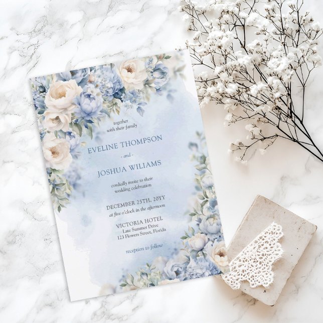 Convite Casamento de ouro para rosas brancas e azuis (Watercolor light blue and white roses greenery wedding digital invitation)