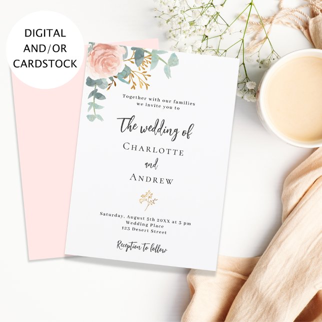 Convite Casamento de ouro rosa floral eucalipto verde (Criador carregado)