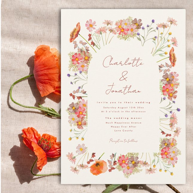 Convite Casamento de Outono Boho com Flores Silvestres (Boho whimsical wildflower wedding invitation with watercolor florals in earth tones)