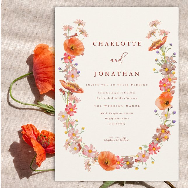 Convite Casamento de Outono Boho com Flores Silvestres (Modern wildflower wedding invitation with watercolor florals boho wreath)