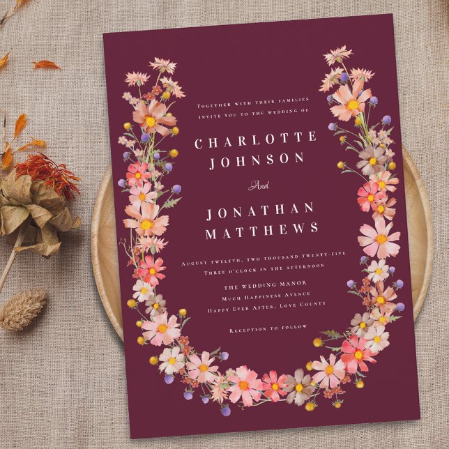 Convite Casamento de Outono Boho com Flores Silvestres (Burgundy boho fall floral wreath wedding invitation Watercolor wildflowers elegant modern)