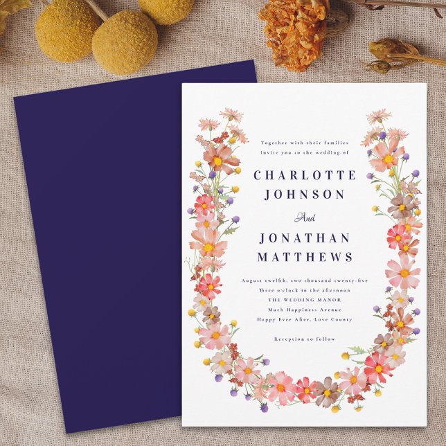 Convite Casamento de Outono Boho com Flores Silvestres (Boho fall floral wildflower wreath navy blue and white wedding invitation autumn colors Watercolor)
