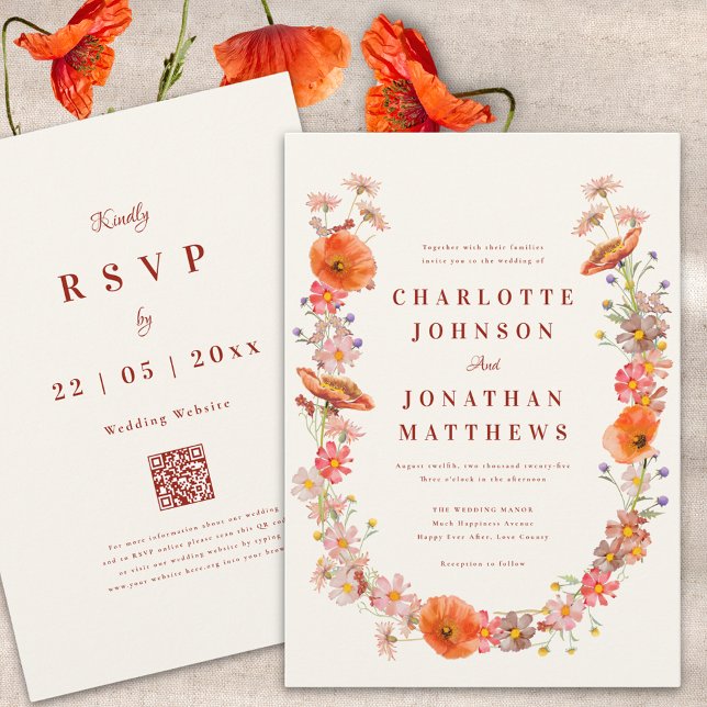Convite Casamento de Outono Boho com Flores Silvestres (Boho dried flowers fall wedding invitation with qr code)