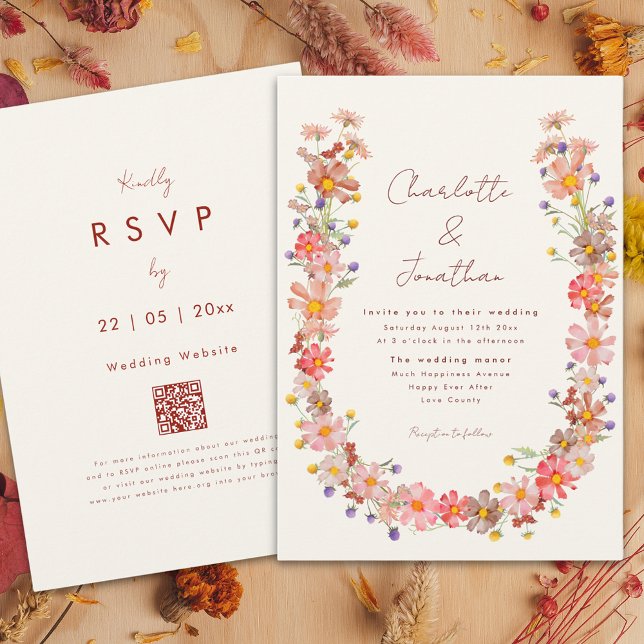 Convite Casamento de Outono Boho com Flores Silvestres (Boho wildflower wreath fall wedding invitation with burnt orange whimsical script)