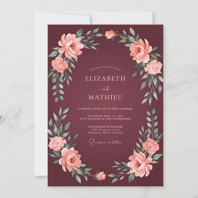 Convite Casamento de Outono Burgundy Refinado (Frente)