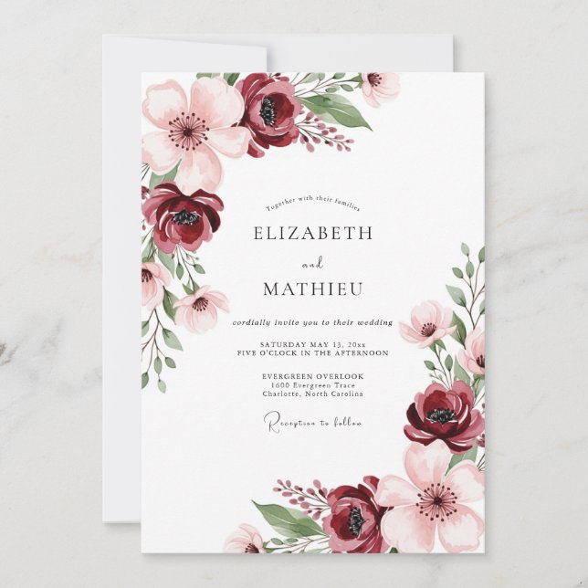 Convite Casamento de Outono com Aquarela de Borgonha (Frente)