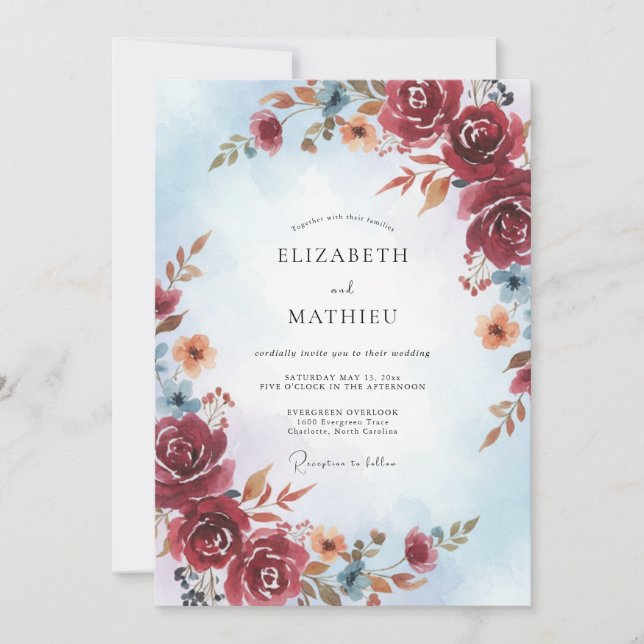 Convite Casamento de Outono com Aquarela de Borgonha (Frente)