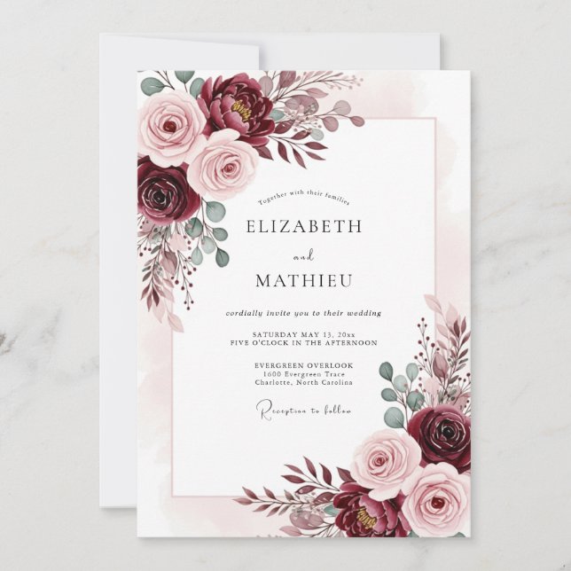 Convite Casamento de Outono com Aquarela em Bege Borgonha (Frente)