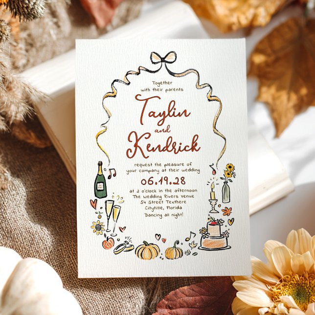 Convite Casamento de Outono com Desenhos à Mão Caprichosos (Funky Whimsical Hand-drawn Fall Wedding Invitation)