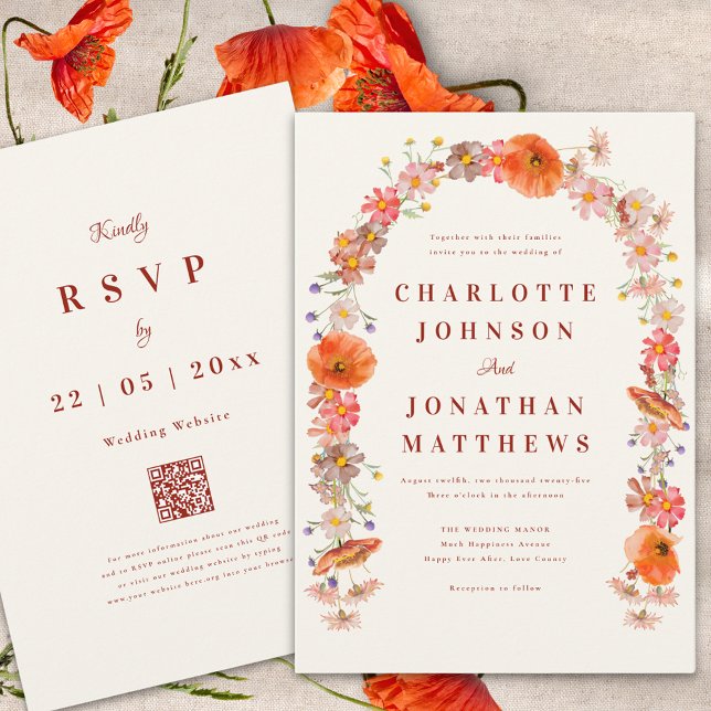 Convite Casamento de Outono com Flor Silvestre Elegante (Boho wildflower arch fall wedding invitation burnt orange elegant script and wedding website qr code)
