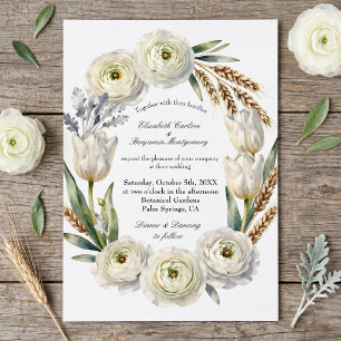 Convite Casamento de Outono com Floral Branco em Aquarela