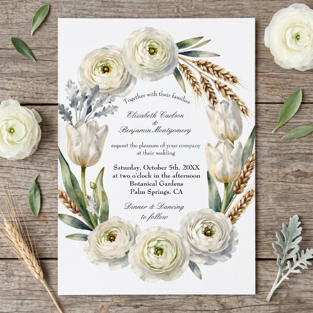 Convite Casamento de Outono com Floral Branco em Aquarela  (Criador carregado)