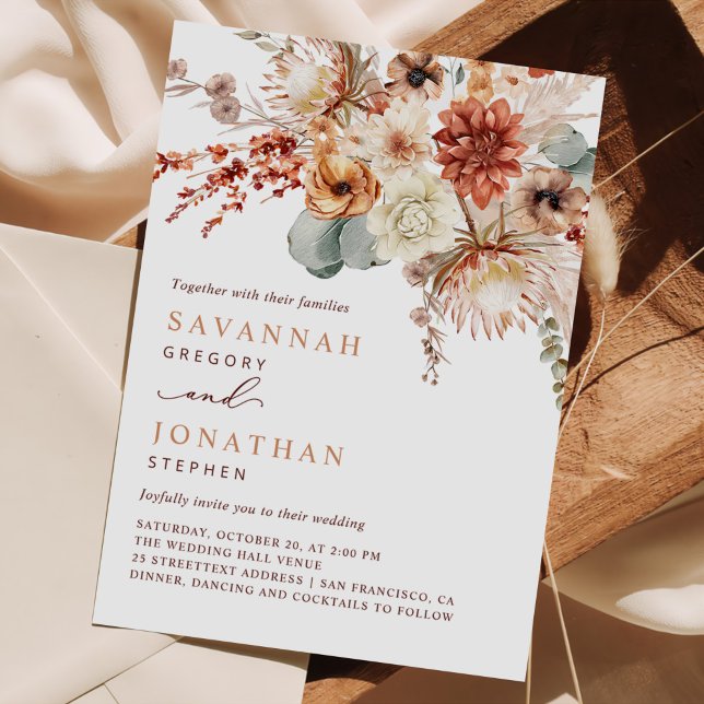Convite Casamento de Outono com Flores de Terracota Boho (Criador carregado)