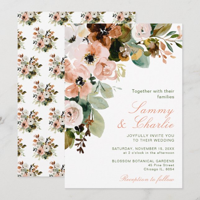 Convite Casamento de Outono com Flores e Folhagens Rosa Be (Frente/Verso)
