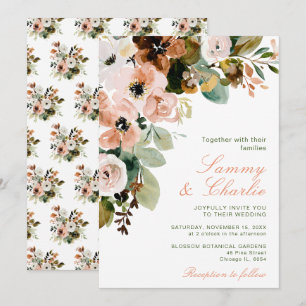 Convite Casamento de Outono com Flores e Folhagens Rosa Be