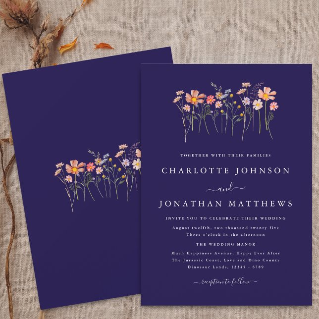Convite Casamento de Outono com Flores Silvestres Azul Nav (Boho fall simple Wildflower floral navy blue terracotta blush pink Wedding invitation)