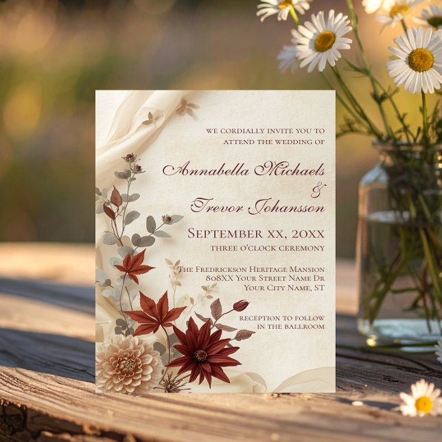 Convite Casamento de Outono com Folhagem Floral e Linho (Criador carregado)