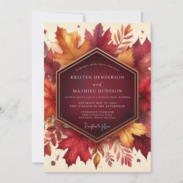 Convite Casamento de Outono com Folhas de Borgonha (Frente)