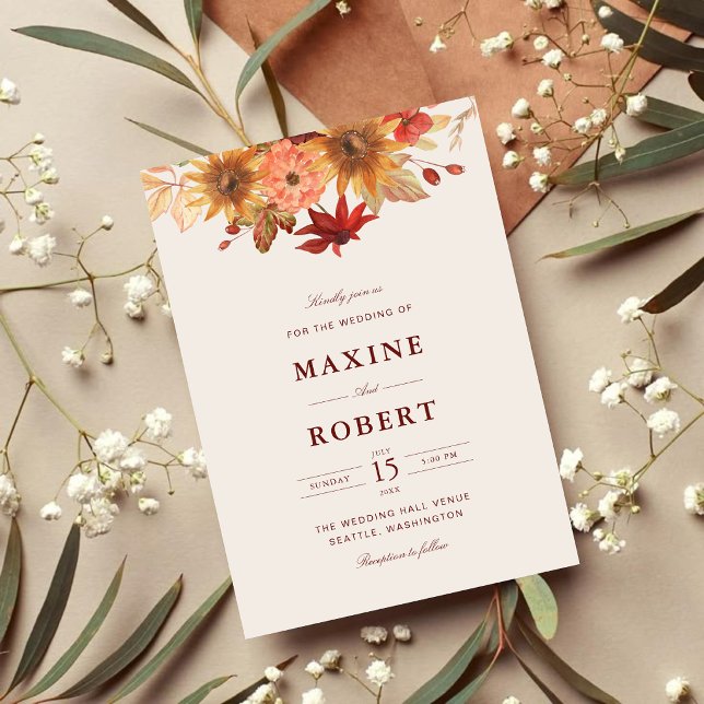 Convite Casamento de Outono com Folhas de Outono Elegantes (Autumn wedding invitation with elegant fall leaves adds warmth to your special day.)