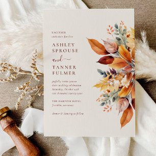 Convite Casamento de Outono com Folhas de Outono Elegantes