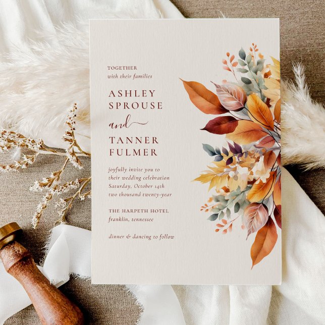 Convite Casamento de Outono com Folhas de Outono Elegantes (Criador carregado)