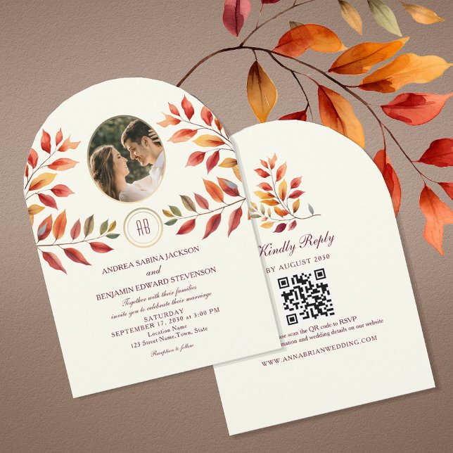 Convite Casamento de Outono com Foto e Código QR (Criador carregado)