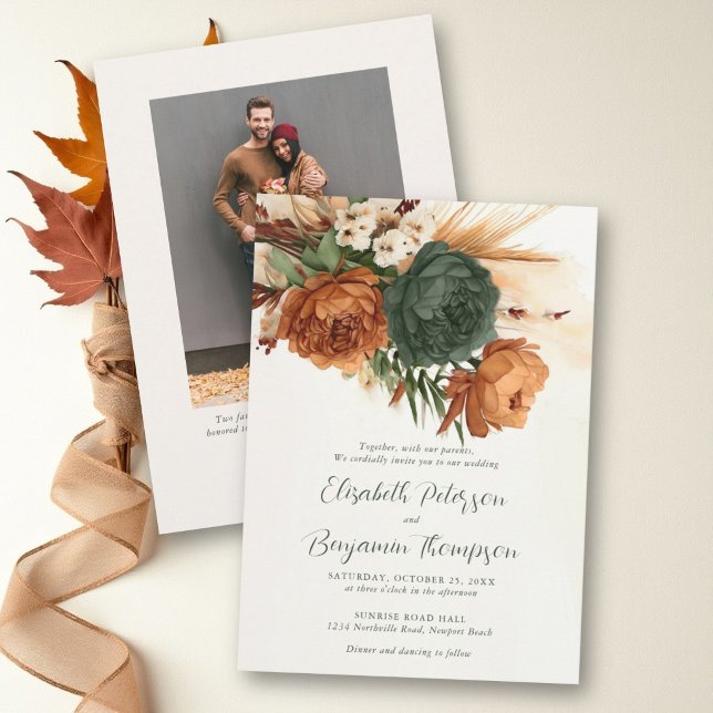 Convite Casamento de Outono com Laranja Queimado, Ferrugem (fall wedding invitation burnt orange dark green boho dry floral elegant romantic photo quote)
