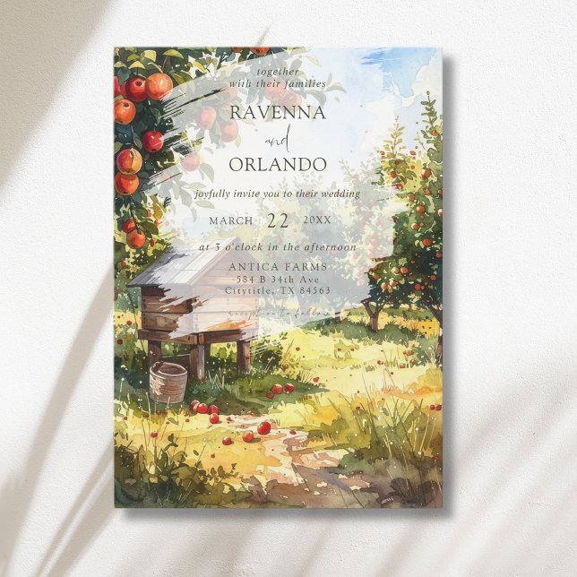 Convite Casamento de Outono com Pomar de Maçãs em Aquarela (Criador carregado)