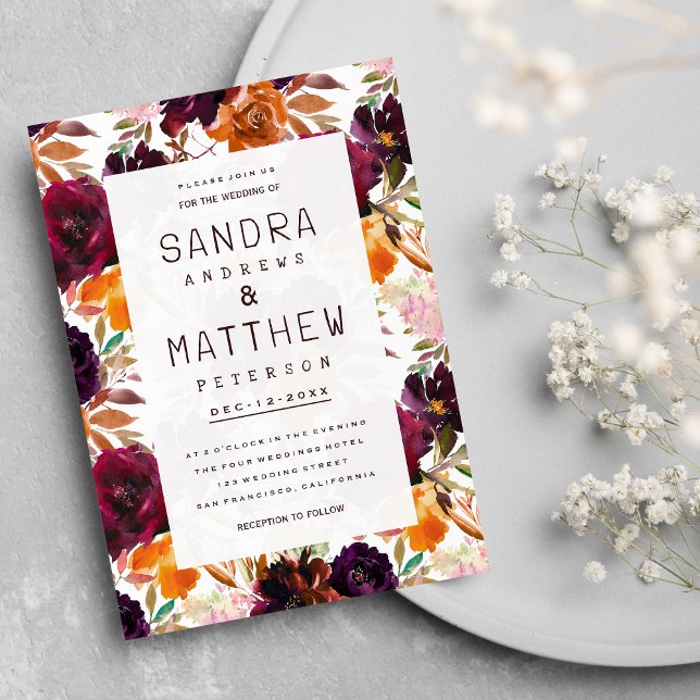 Convite Casamento de outono, cor-de-rosa-vermelho-burgundy (Watercolor burgundy red orange pink Autumn Wedding Invitation)