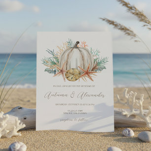 Convite Casamento de Outono Costeiro com Abóbora & Conchas