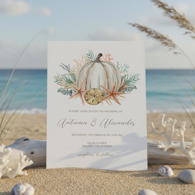 Convite Casamento de Outono Costeiro com Abóbora & Conchas (Criador carregado)