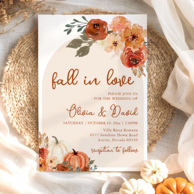 Convite Casamento de outono de Boho Floral Pumpkin Autumn (Fall in Love Boho Floral Pumpkin Autumn Wedding Invitation)