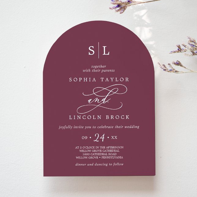 Convite Casamento de outono de Monograma Vermelho de Arch  (SOPHIA Arch Maroon Red Monogram Autumn Wedding Invitation)