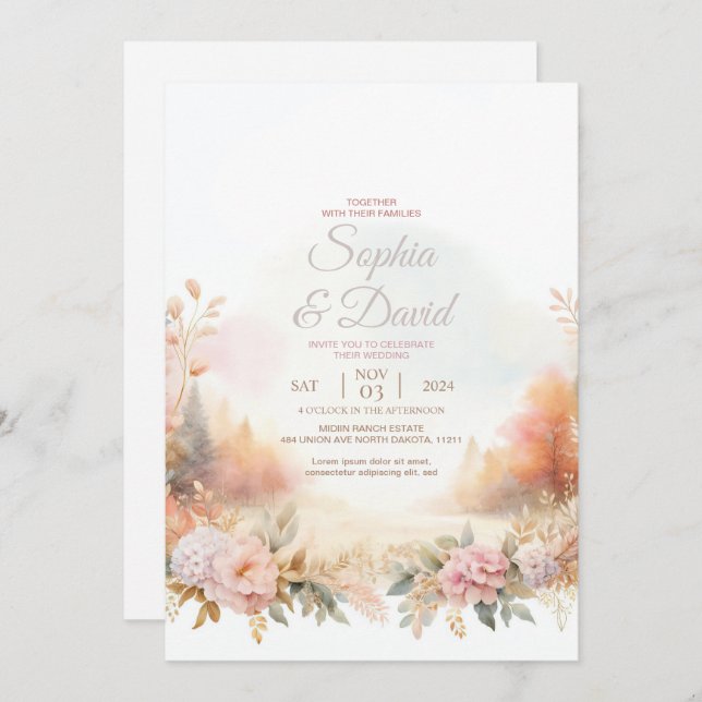 Convite Casamento de outono de Pastel Watercolor (Frente/Verso)